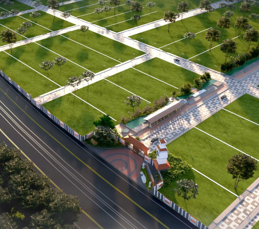 Aerial view of Saibya Sapling plotted development featuring clearly marked villa plots, landscaped avenues, internal roads, and a grand entrance with clock tower and water features on Doddaballapur–Nandi Hills Road.