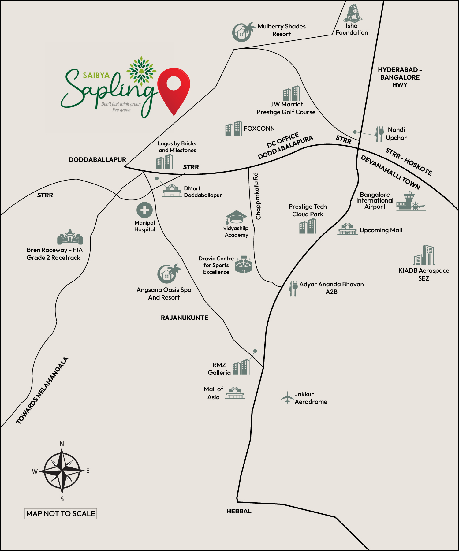 Saibya Sapling location map and travel time to major landmarks including Bangalore Airport, STRR, and Nandi Hills