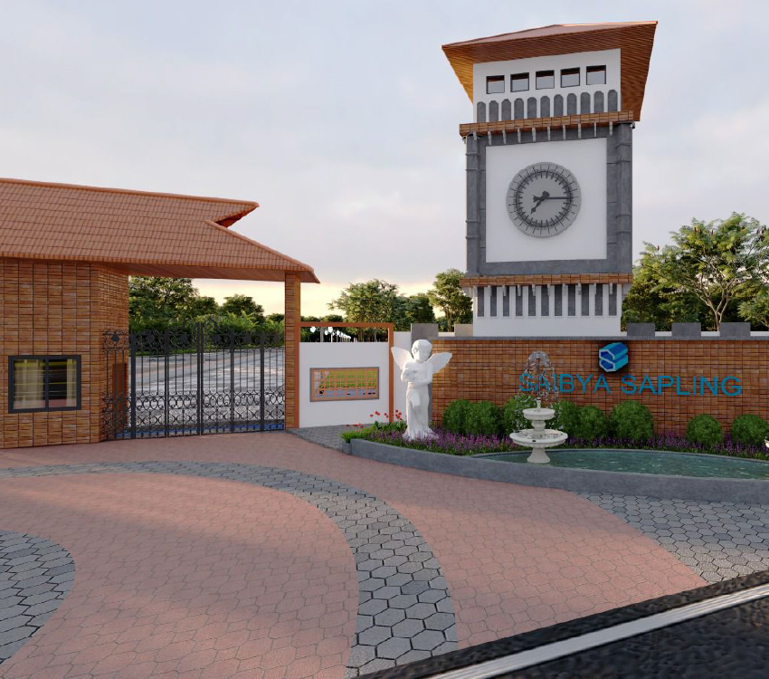 Grand entrance of Saibya Sapling with clock tower, angel statue, and project branding on stone wall