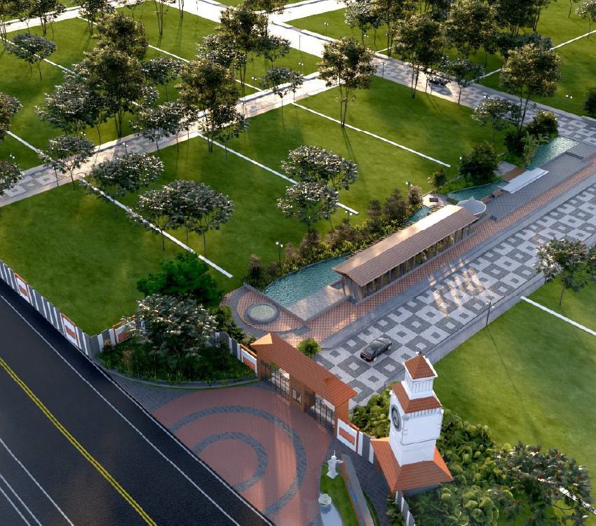 Entrance view of Saibya Sapling featuring water bodies, wide stone pathways, and lush greenery