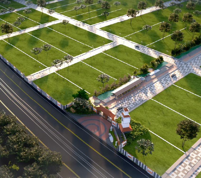 Top view of Saibya Sapling plotted development showcasing villa plots, wide roads, landscaped gardens, and grand entrance gate